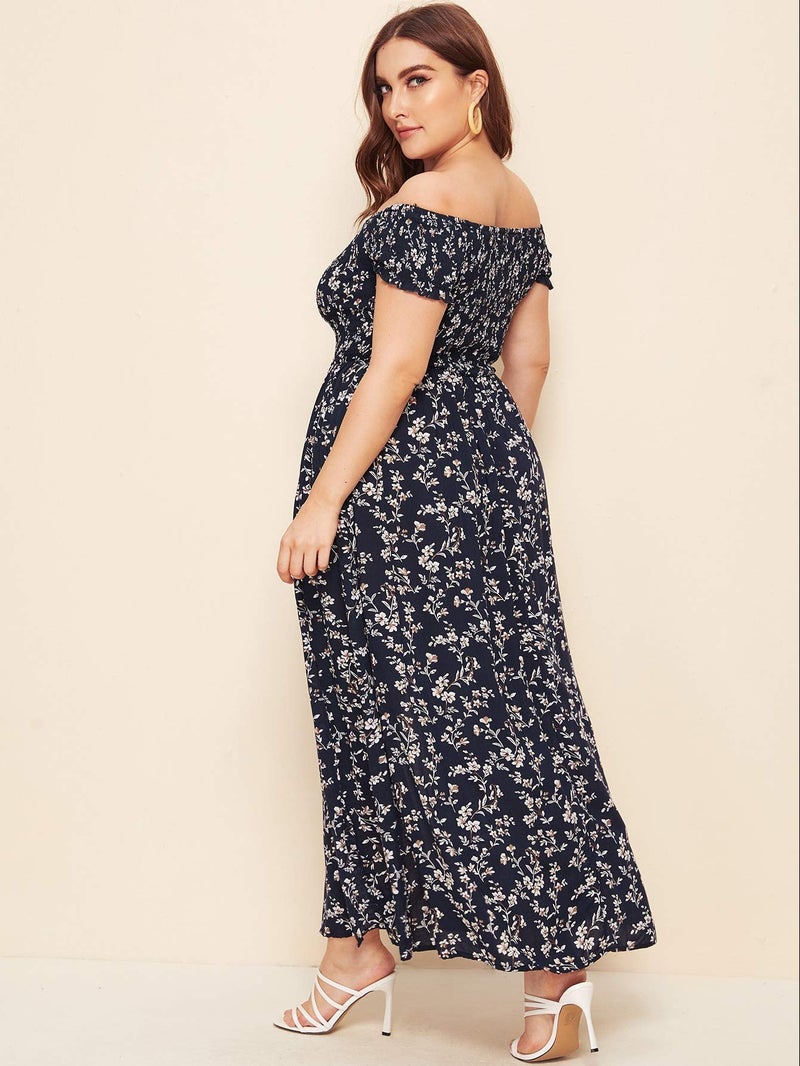 Floerns Women's Boho Floral Print Off Shoulder Split Long A Line Dress Navy Plus 2XL - Image 2